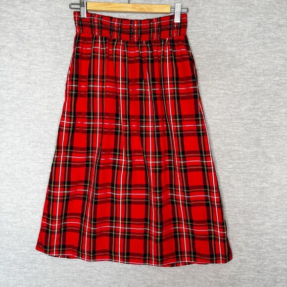 Old Navy Red Tartan Smocked Waist Midi Skirt Pockets Plaid Size Small Petite - Picture 1 of 8